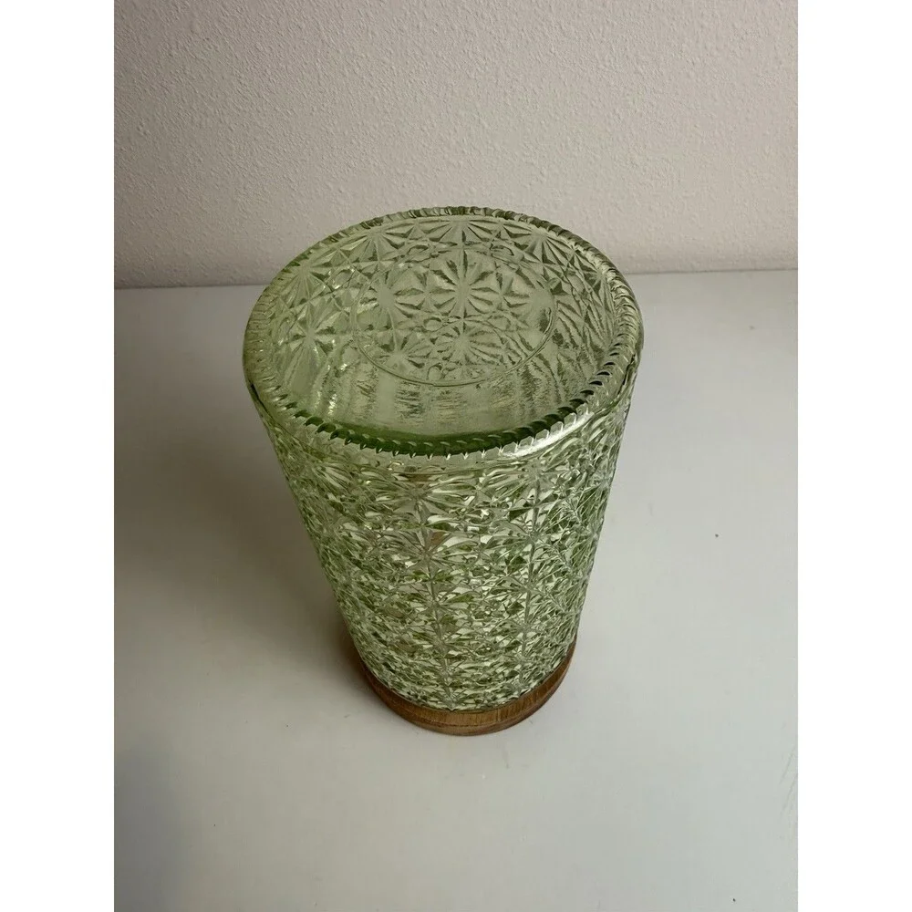 Vintage Sage Green Textured Glass Canister Jar with Wooden Lid Kitchen Decor